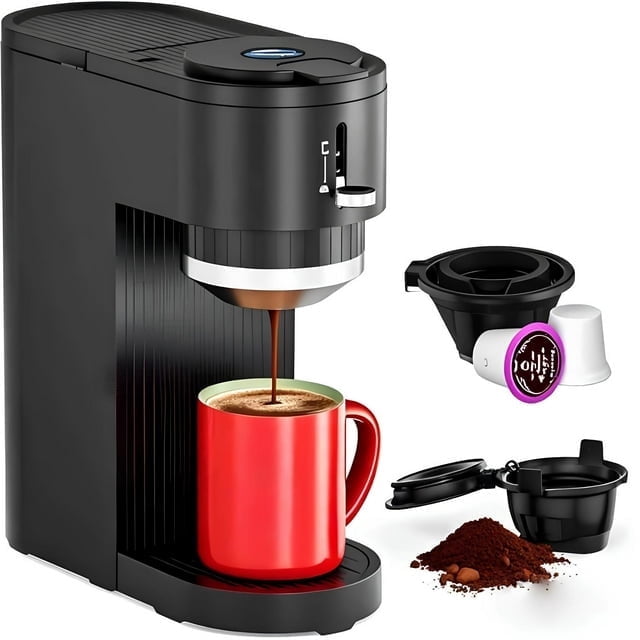 Auseo Single Serve Coffee Maker for Capsules & Grounds, 5 Brew Sizes (6-14 Oz), Adjustable Height, Compact Design, Fast & Easy Cleaning, Perfect for Home/Office/Travel, Black