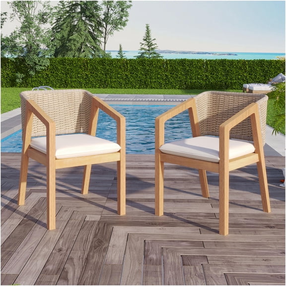 JERFIT 2-Pack Patio Dining Chairs Acacia Wood Rope Back Outdoor Bistro Chairs with Removable Cushion, Light Teak