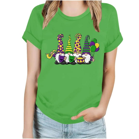 ICHUANYI Women's Stylish Crewneck Mardi Gras Print Short Sleeve T-shirt Casual Loose Shirt Tops Cloth New Trending