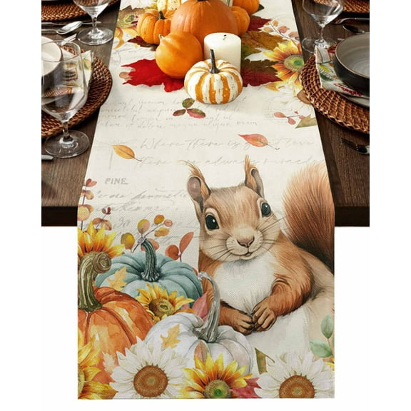 Table Runner 120 Inches Long, Fall Thanksgiving Pumpkin Squirrel Sunflower Vintage Leaves Cotton Linen Table Runners Non-Slip Durable Dresser Scarves for Table Party Dinner Holiday Home Decor, 1 Pack