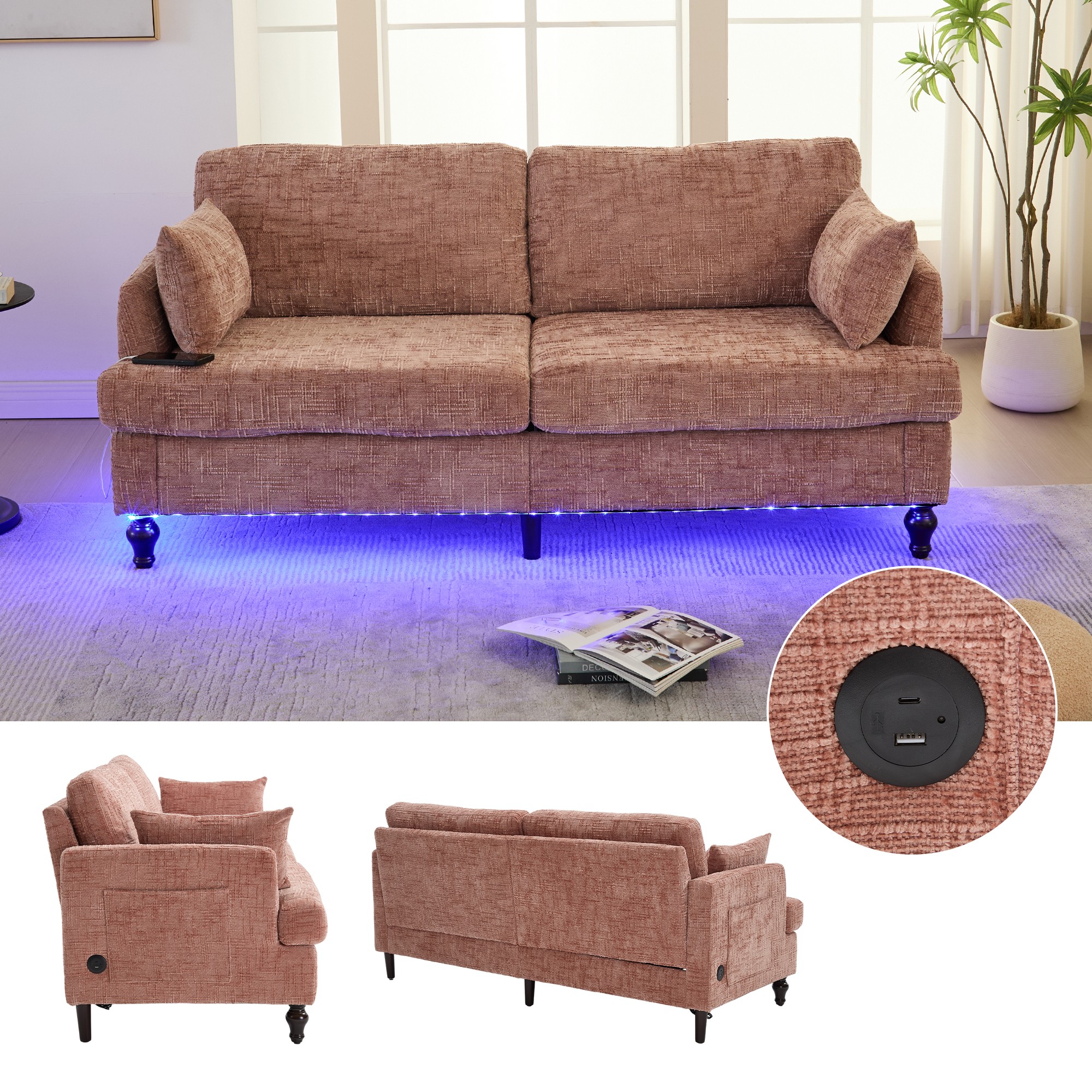 68.9" Sofa Couch,Modern 2 Seater Upholstered Loveseat Sofa Couch with LED light&USB for Living Room,Bedroom,Pink