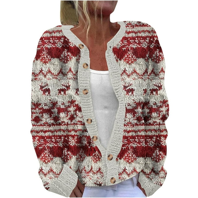 Mgmyaa Cardigan pour Femmes, Manches Longues, Veste Décontractée en Tricot avec Imprimé de Noël