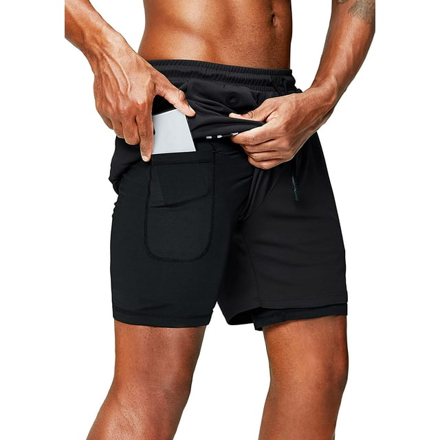 2 In 1 Running Shorts with Phone Pocket Gym Workout Quick Dry Mens Shorts 5 Inch