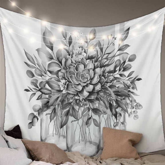 Eucalyptus Grey Tapestry for Bedroom Wall Hanging Tapestry, Vintage Bottle Succulents Flower Stripes Ceiling Backdrop Tapestries Poster Blanket Wall Decor for Teens Room Living Room Dorm 51" x 59"
