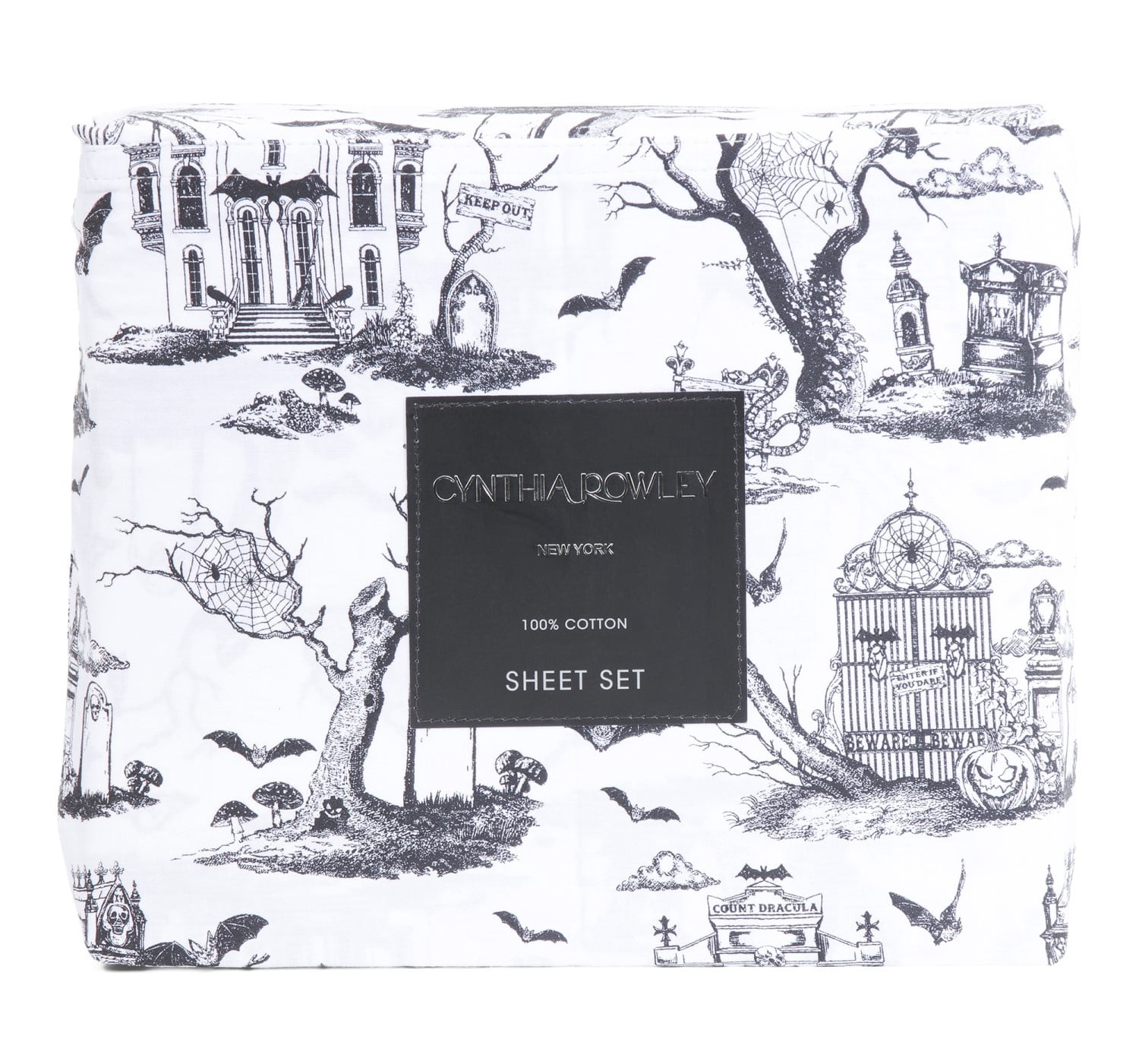 Cynthia Rowley Halloween Cotton Sheet Set, Black & White Haunted Toile, Queen