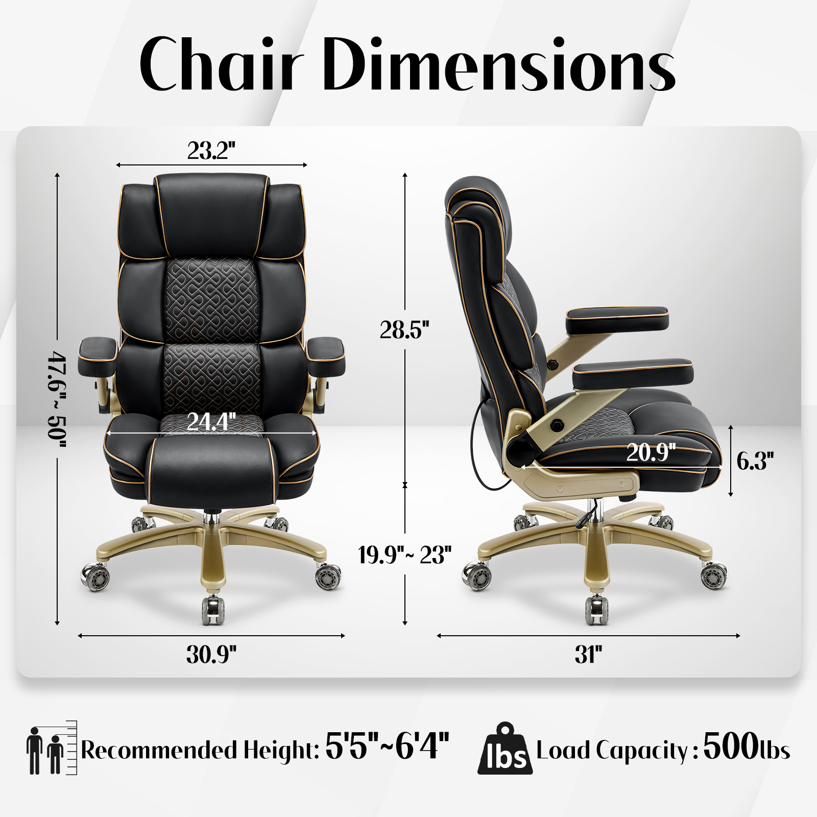 Falvinoryn Big and Tall Office Chair 500LBS, Ergonomic High Back Executive Office Chair, Adjustable Lumbar Support, Flip Arms, Locking Wheels Large Computer Desk Chair, Black