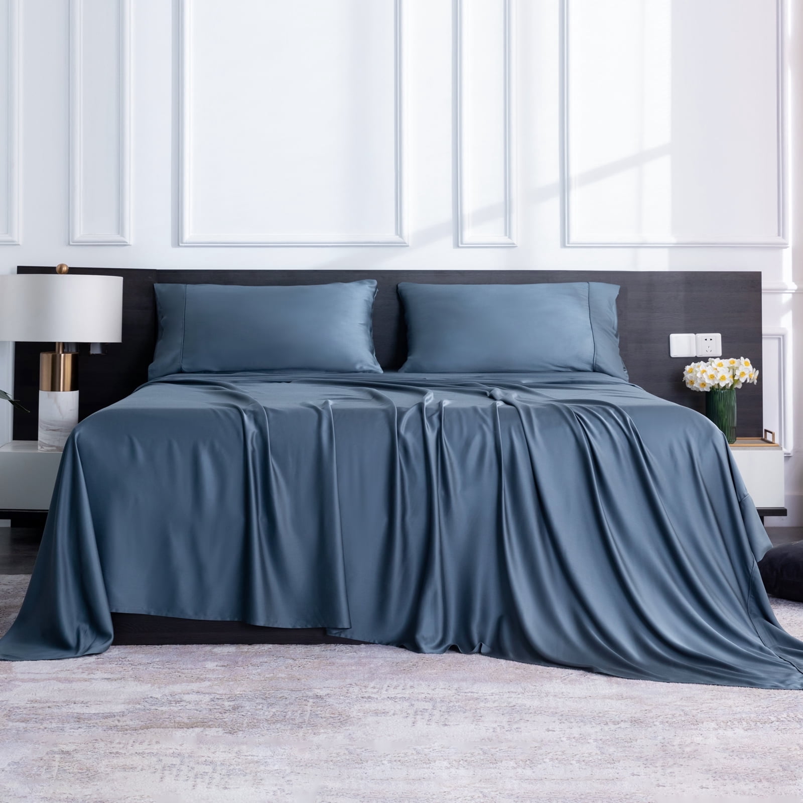 Lidoloka Luxury Bamboo Bed Sheets Set Full 4 Pcs for Adult,Soft&Cool,16" Deep Pocket,Blue Gray