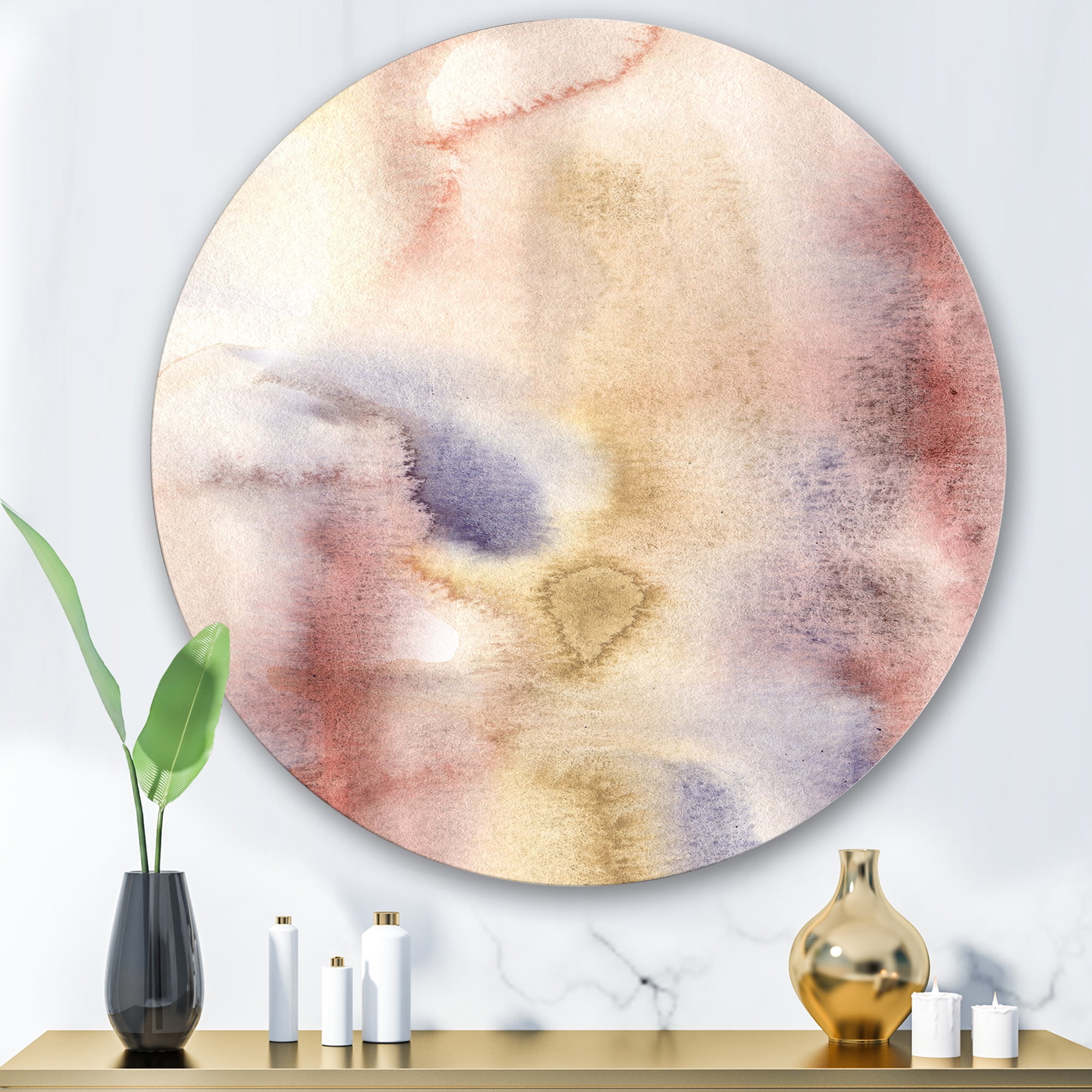 Designart 'Pastel Abstract With Pink Dark Blue and Yellow Spots' Modern Circle Metal Wall Art 29x29 - Disc of 29