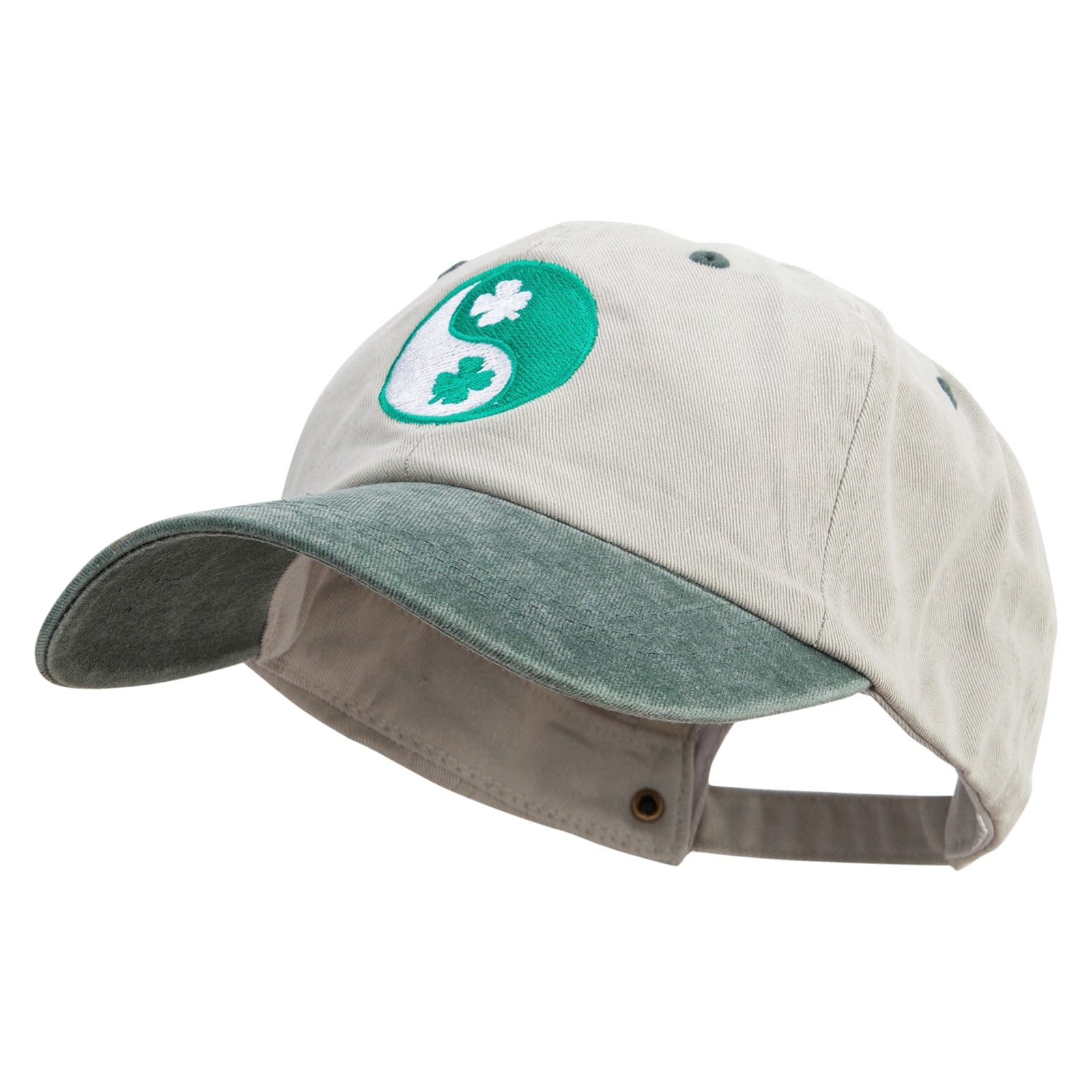 Yin Yang Clover Embroidered Pigment Dyed Wash Cap - Beige Green OSFM