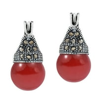 10mm Synthetic Red Coral & Pyrite Studded Crown Sterling Silver Dangle Earrings