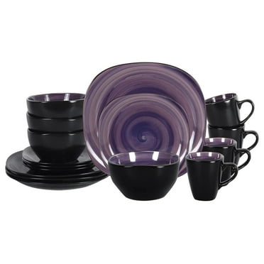 Stoneware Square 16pc Dinnerware Set, Inside Spinwash Swirl Purple   Outside Black