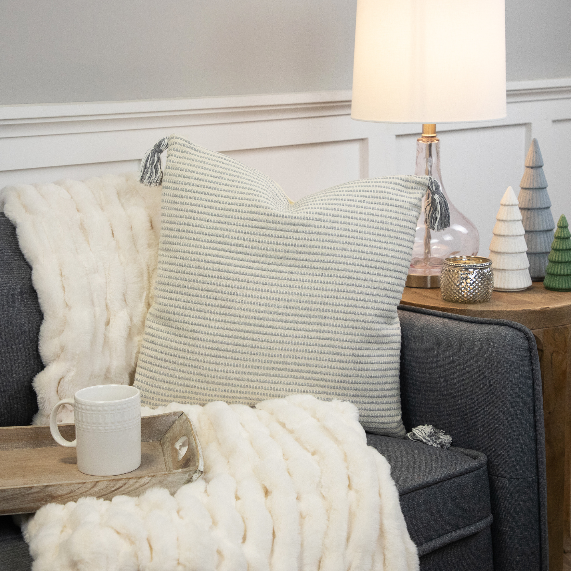 18" Double-Sided Striped and Solid White Square Woven Throw Pillow with Tassels