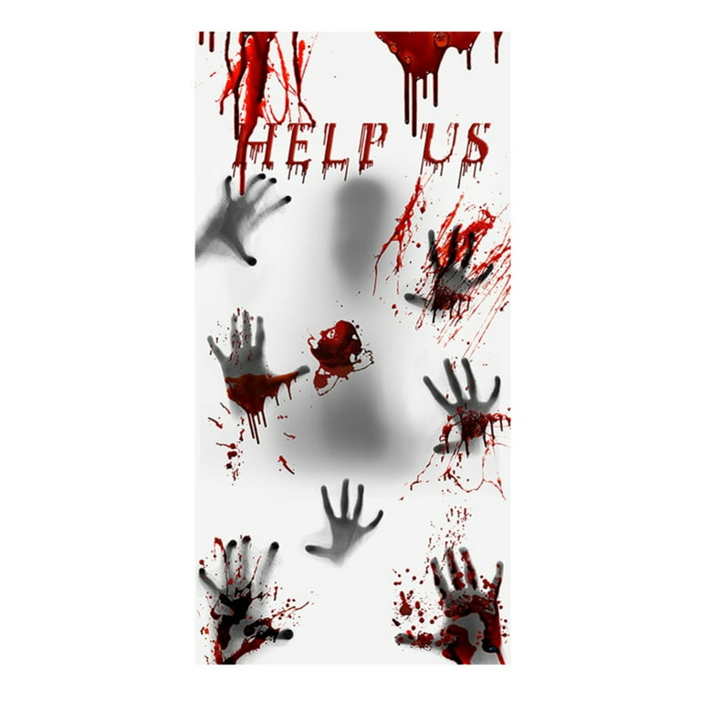 30x60inches Large Halloween Window Door Cover Scary Bloody Handprint Glass  Cover durable Halloween Decorations Halloween door cover Halloween window  cover Scary Bloody Handprint help me letter 