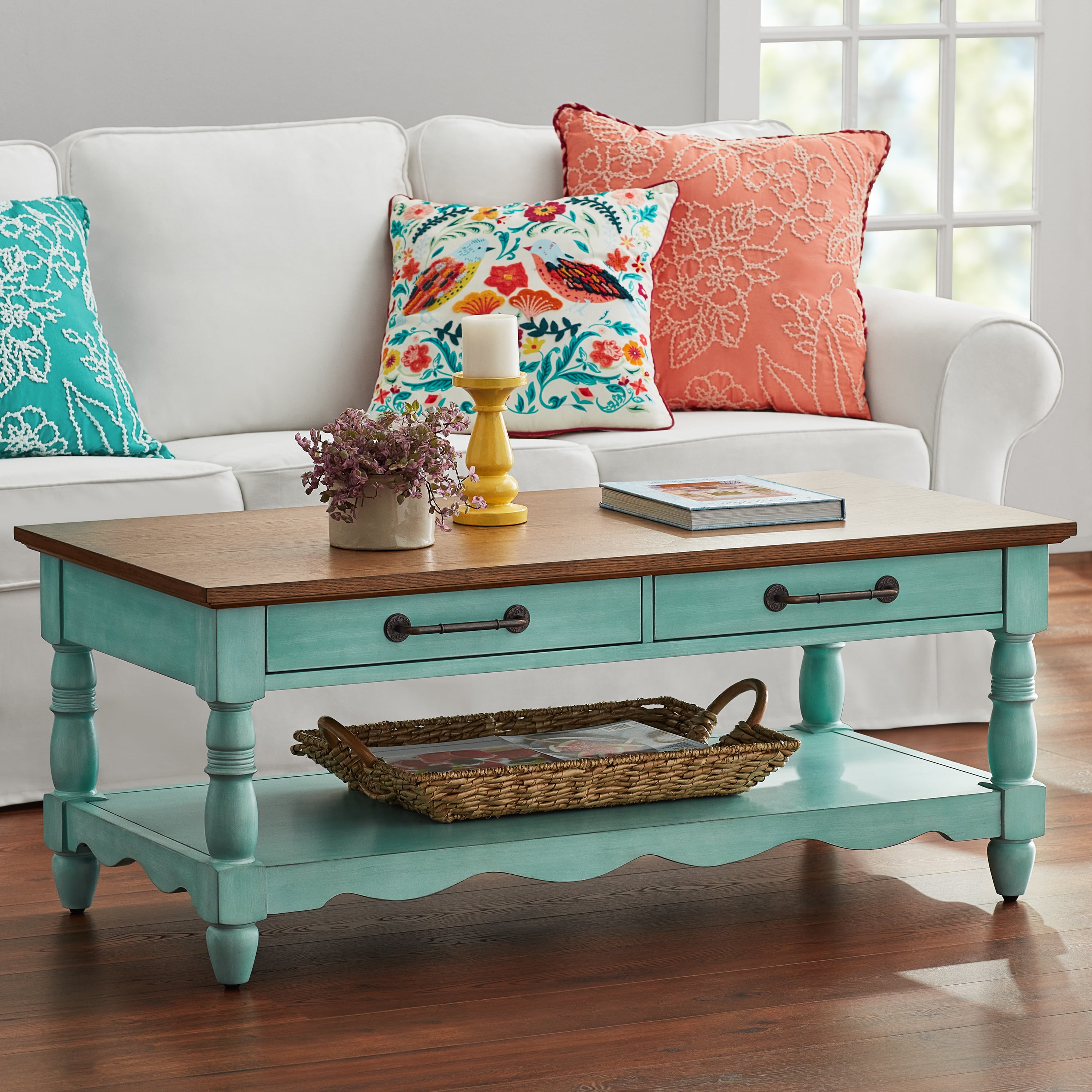 The Pioneer Woman Helen Coffee Table Made With Solid Wood Frame, Teal