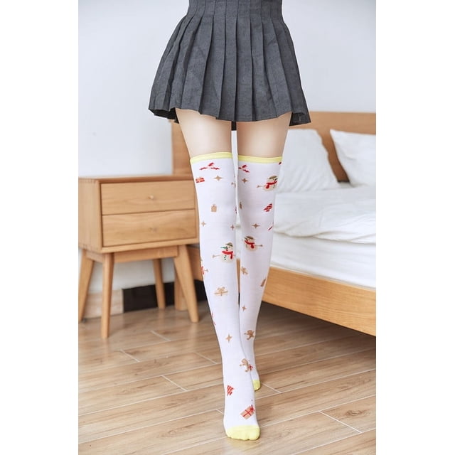 Granjero Gordo 2 pares de calcetines navideños para mujer, hasta la rodilla, a rayas, hasta el muslo, para Navidad, color blanco