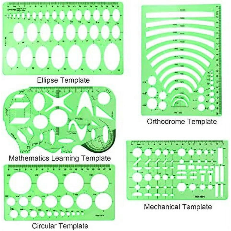 11PCS Geometric Drawings Templates, Drafting Stencils Measuring Tools,  BetyBedy Plastic Clear Green Ruler Shapes with a Zipper Bags for  Architecture, Office, Studying, Designing and Building 