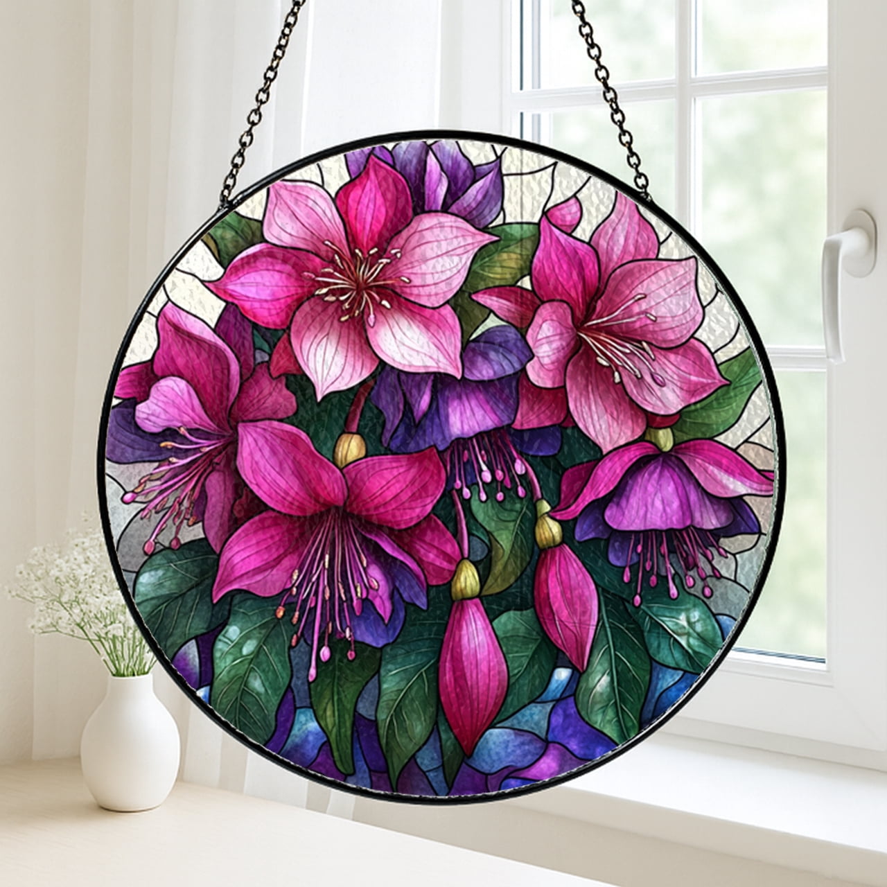 Faux Stained Glass Fuchsia Panel, Exotic Flower Window Hanging