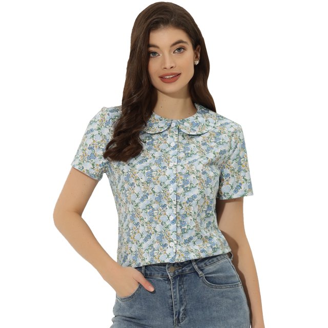 INSPIRE CHIC Blusa con estampado floral retro con cuello Peter Pan para mujer Azul L
