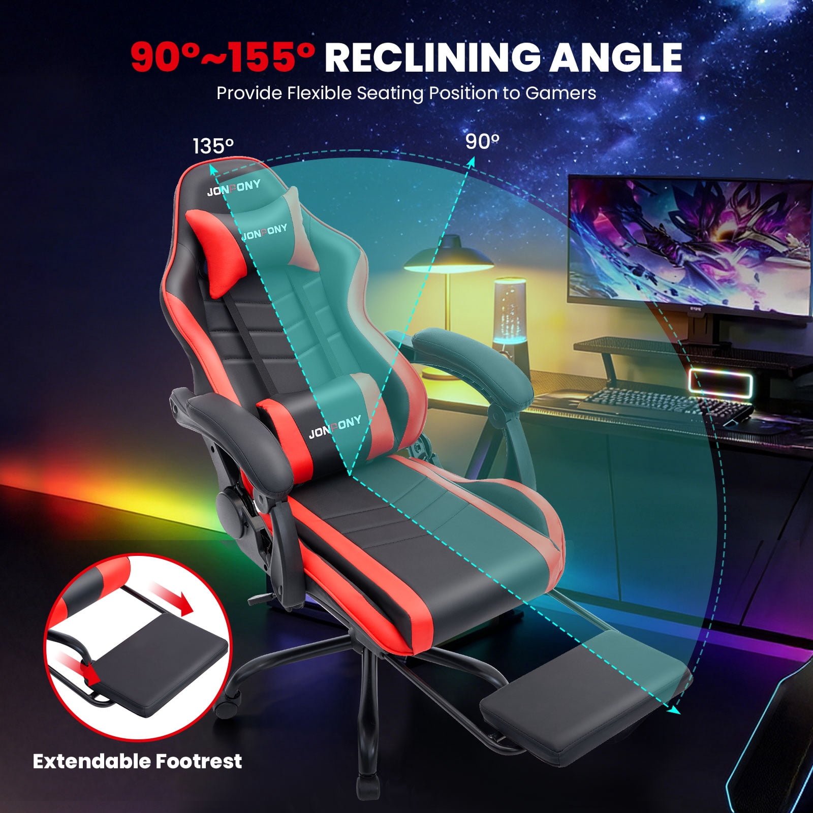 JONPONY Big and Tall 500LBS Gaming Chair, Ergonomic High Back Gamer Chair with Footrest Lumbar Support, PU Leather Office Computer Chair for Long Sitting, Red