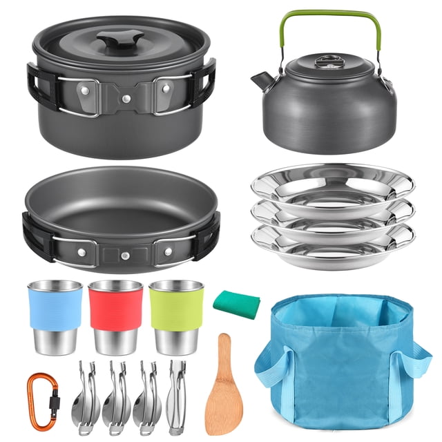 21pcs Camping Cookware Mess Kit Camping Pot and Pan Cooking Set Outdoor Camping Hiking Backpacking Survival Gear