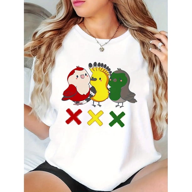 Playera de manga corta para mujer, estampado en color sólido, cuello redondo, estilo casual, para verano, estilo casualWomen's Colorful Bird Graphic T-Shirt - Casual Short Sleeve, Soft Polyester Ble