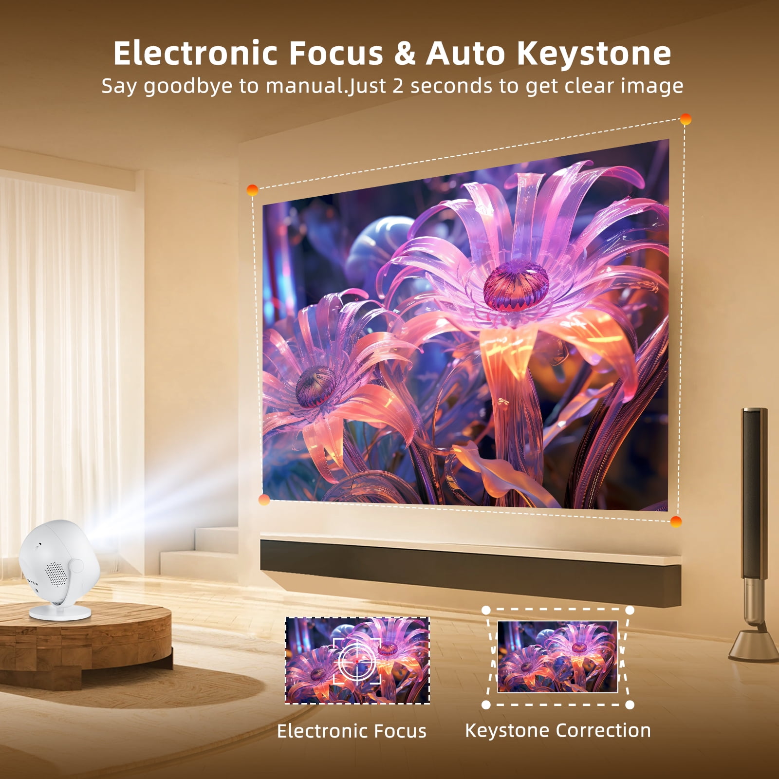 Salange Full HD Projector with 1080p,360° Stand Rotatable,4K Support and Wifi and Bluetooth,Auto Keyston for Home&Outdoor Movie