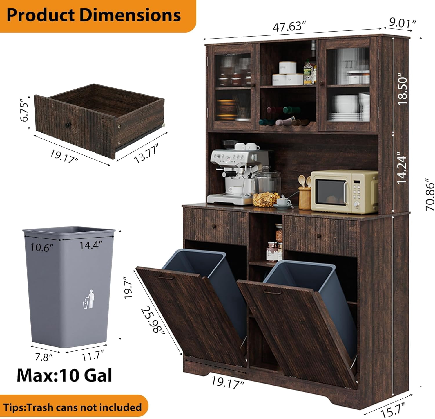 Blotout 47" Wide Kitchen Pantry Storage Cabinet with Charging Station & Microwave Stand, Tall Fluted Kitchen Hutch Cabinet, Double Tilt Out Trash Can Cabinet 10X2 Gallon