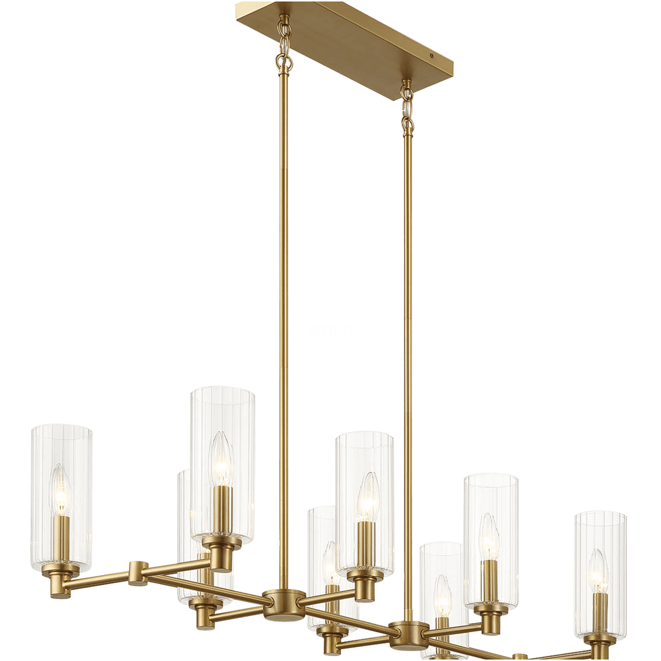 JERFIT 8-Light Pendant Light Fixture for Kitchen Island, Antique Gold and Clear Ribbed Glass Chandelier, Modern Ceiling Hanging Lamp