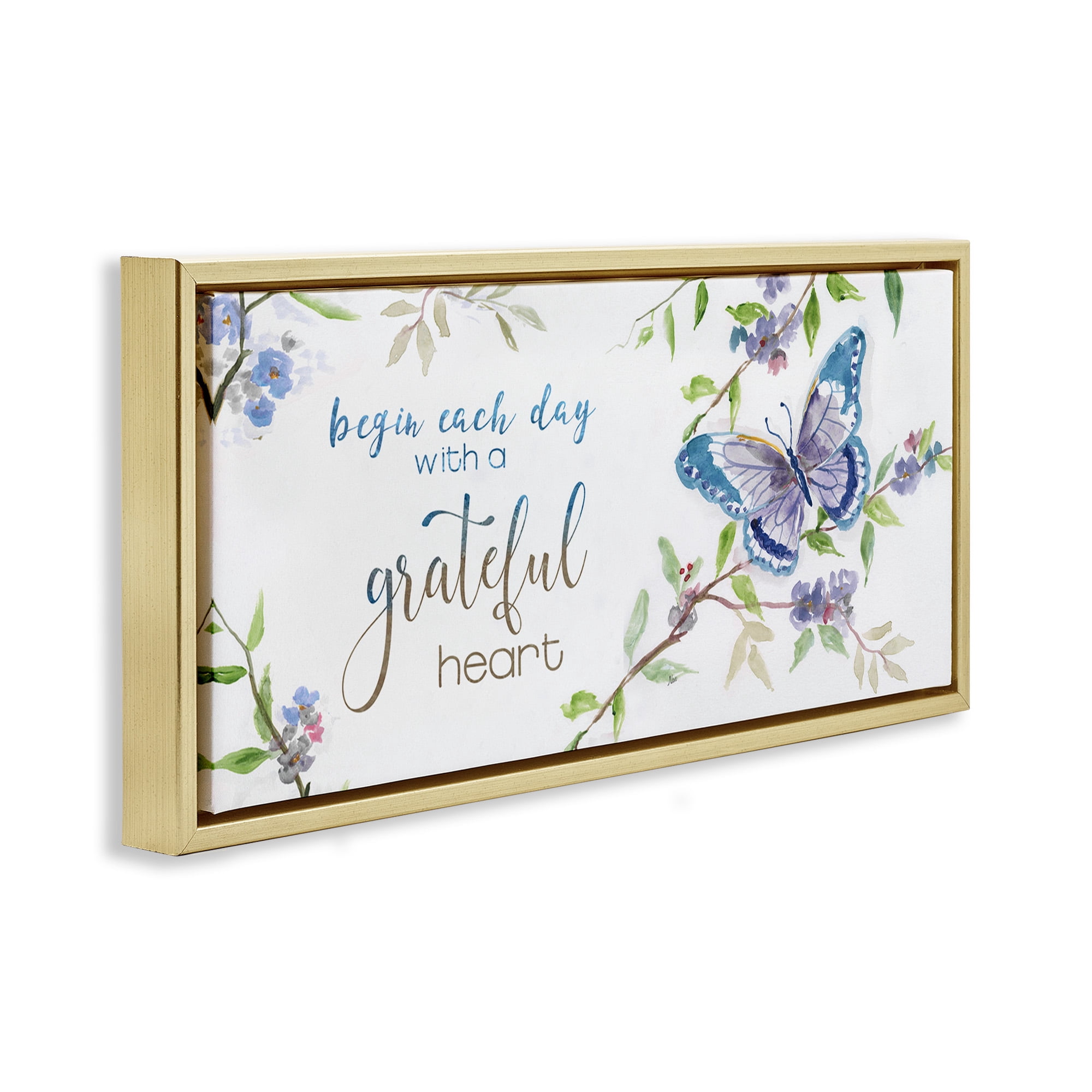 Stupell Industries Begin Day with Grateful Heart Inspirational Painting Gold Floater Framed Canvas Art Print Wall Art, 25 x 11