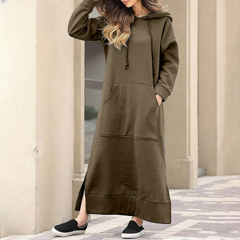 Hueook Sweatshirt Dress Fall Dresses for Women 2025 Women's Fashion Round  Neck Winter Warm Color Long Sleeve Pocket Long Dress Army Green XL -  Walmart.com