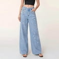thumbnail image 2 of nerohusy High Waisted Shiny Wide Leg Denim Pants for Women Sparkly Rhinestone Washed Jeans with Pockets,Light Blue,XXL, 2 of 9