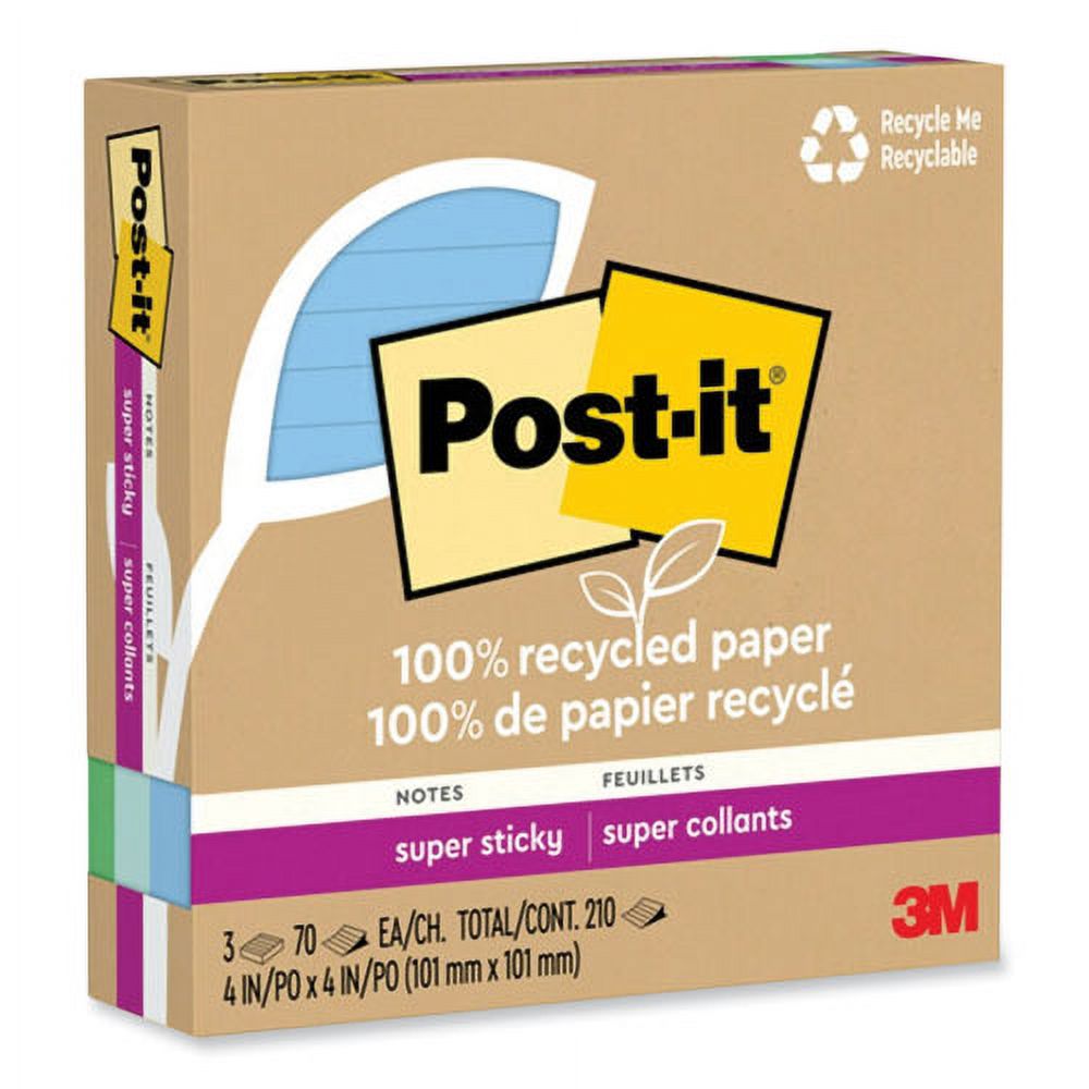 100% recycled paper super sticky notes, ruled, 4" x 4", oasis, 70 sheets/pad, 3 pads/pack | Bundle of 2 Packs