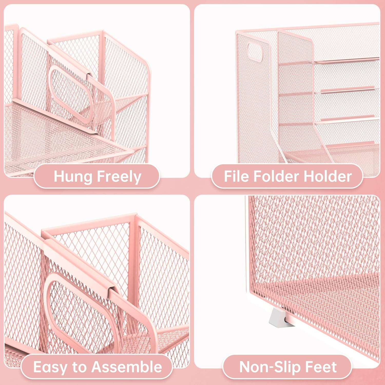 INTIGE 5-Tier Metal Desktop Organizer with Pen Holder, Drawer and File Rack, File Organizer, Pink