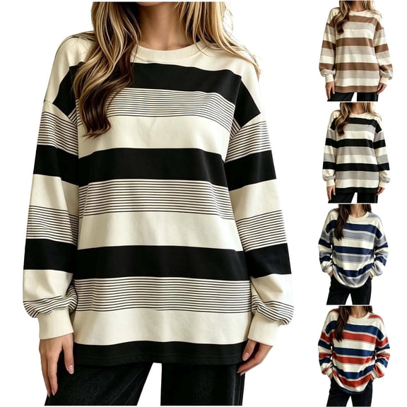 Asxite Womens Pajamas Striped Crew Neck Long Sleeve Loose Breathable Casual Sleepwear Tops