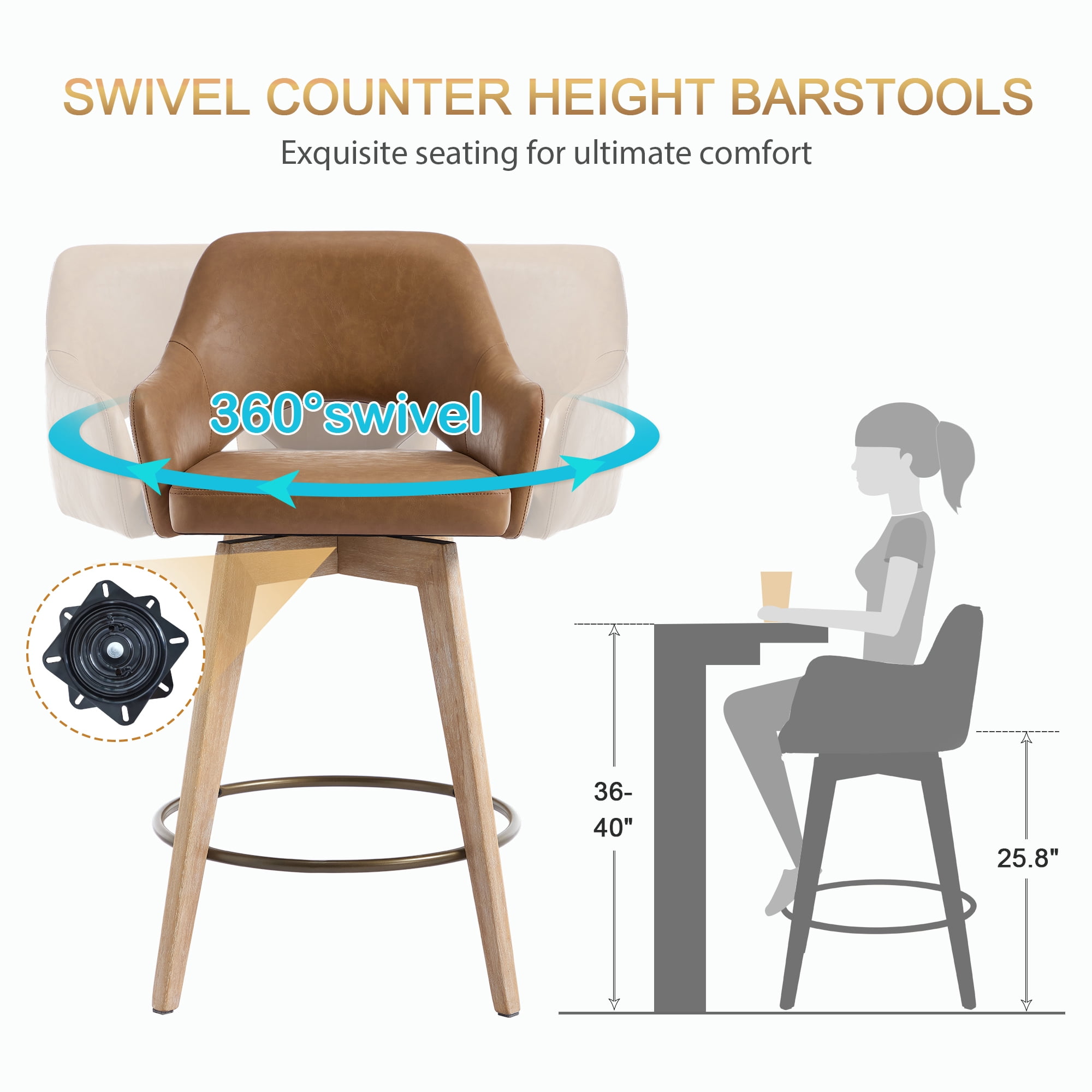 Zesthouse 26.8″ Swivel Counter Height Bar Stools Set of 2, Upholstered Faux Leather Bar Stools with Back and Wood Legs, Mid Century Modern Barstool Island Chairs for Kitchen Counter, Brown
