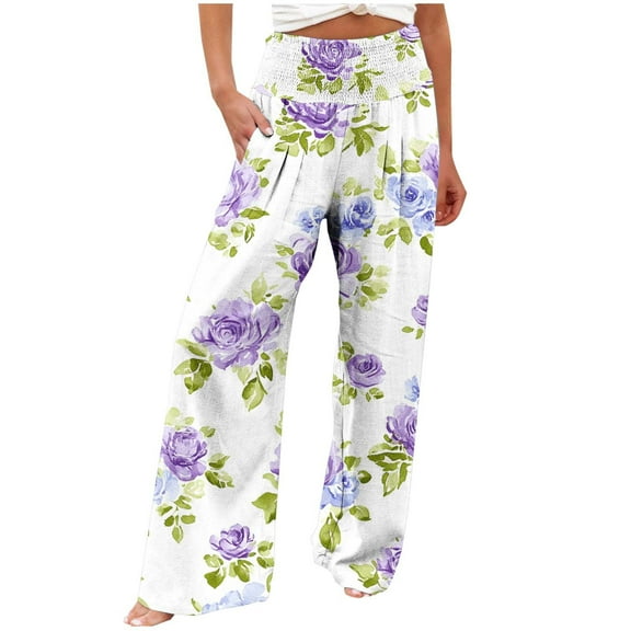 Ruimatai Women Casual Loose Pants Elastic Waist High Waist Straight Leg Printing Comfortable Lightweight Soft Polyester Long Pants with Pockets for Daily Wear
