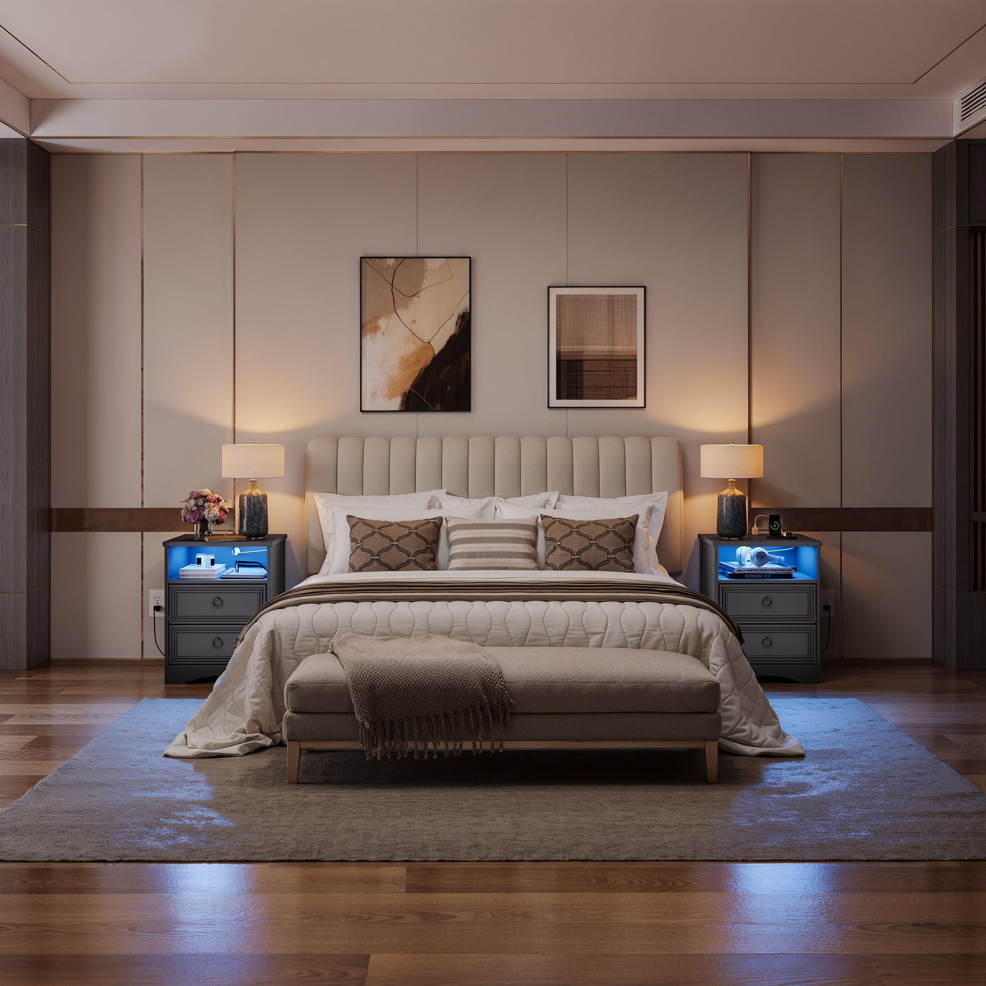 LGHM Nightstands Set of 2 with Charging Station & LED Light, Bedside Table with 2 Drawers for Bedroom, Living Room, Gray