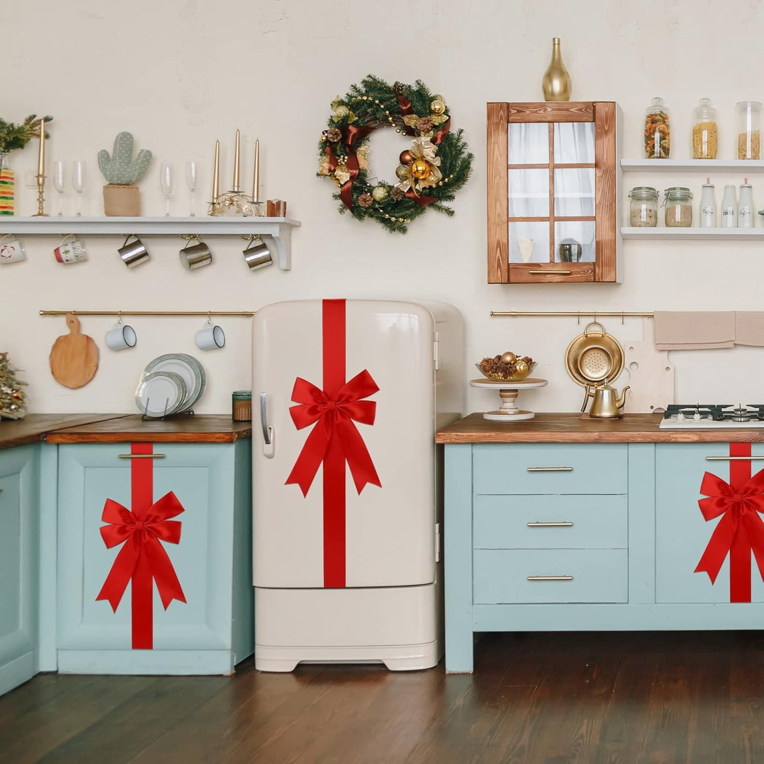6 Pieces Christmas Door Cabinet Bows Large Christmas Red Ribbons Cabinet Door Bows for Christmas Festive Party Supplies, 10 x 87 Inches