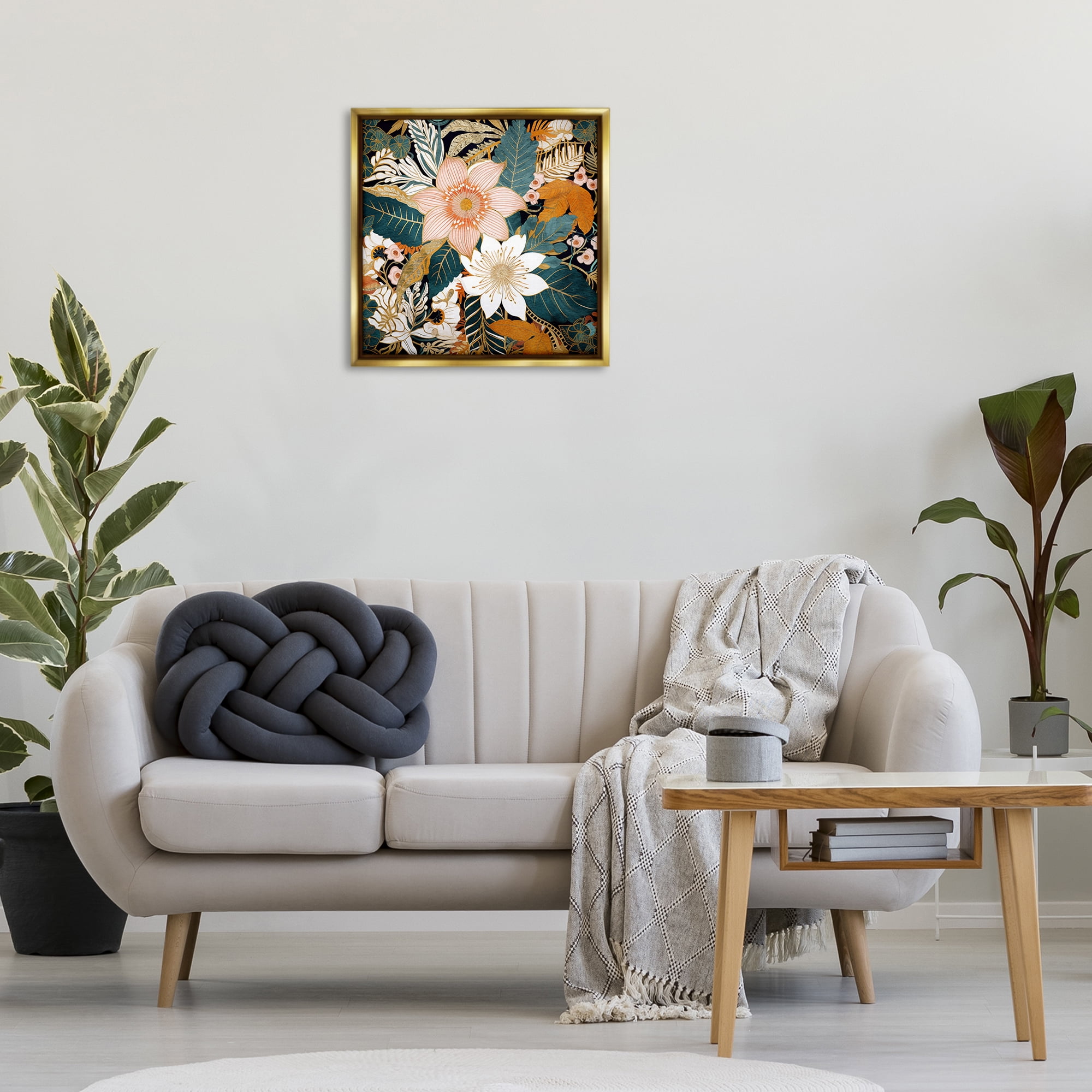Stupell Industries Boho Flower Pattern Botanical & Floral Painting Gold Floater Framed Art Print Wall Art, 25 x 25