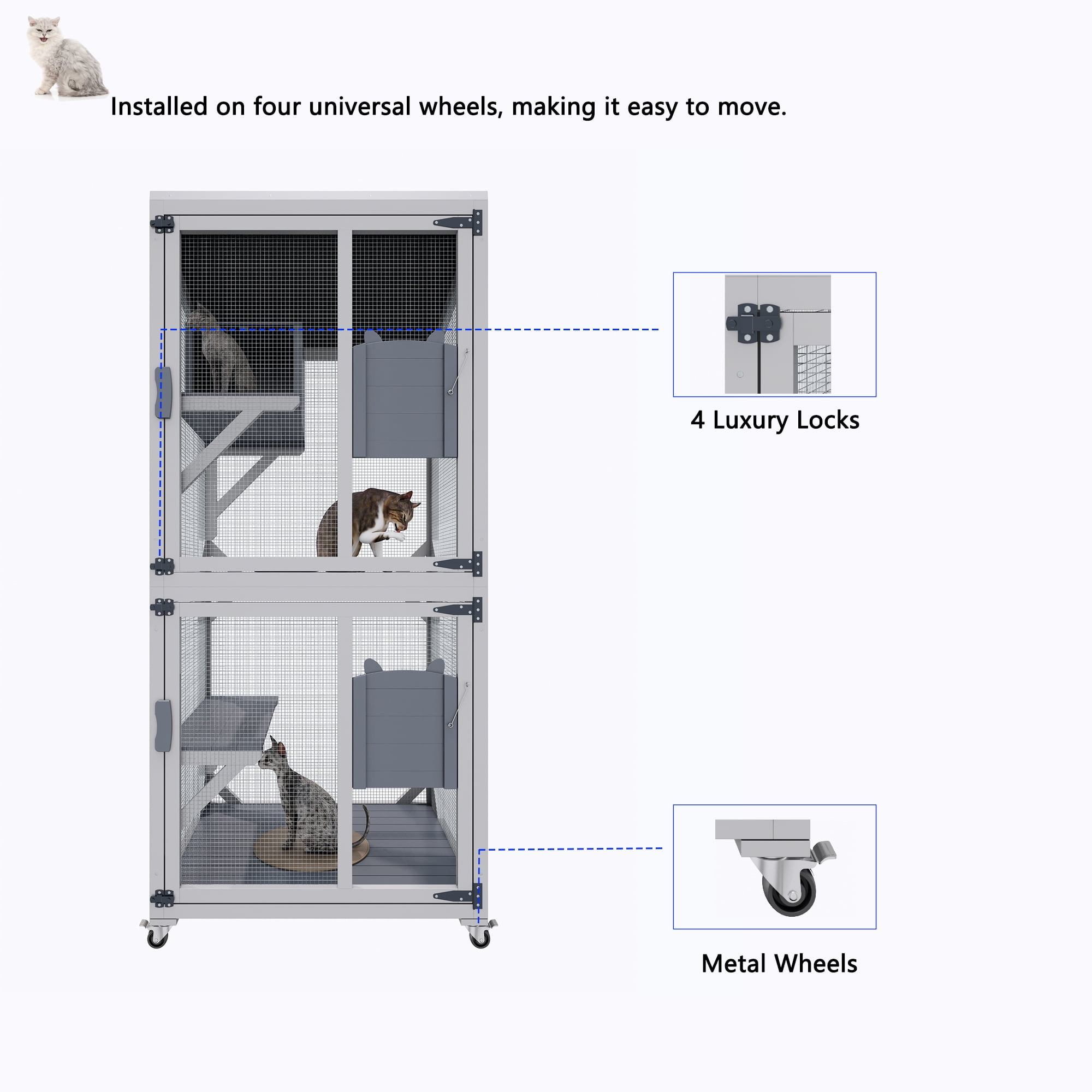 Outdoor Cat Enclosure Catio with Wheels, 71.2" Large Wooden Cat Cage, Multi-Level Cat House with Platforms, Lockable Doors & Removable PVC Tray