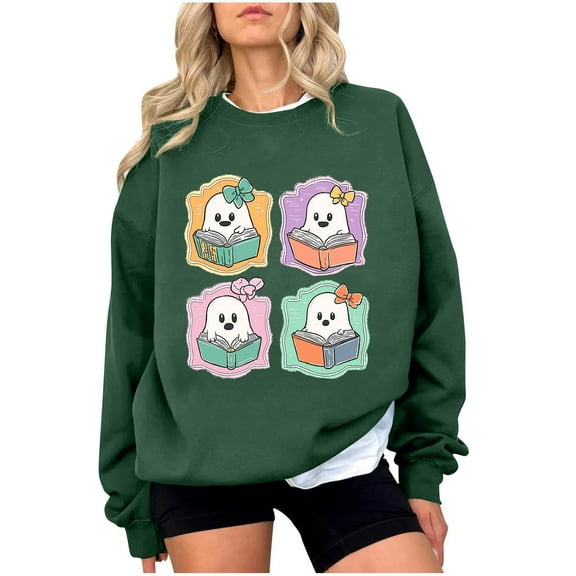 Enjoytime Halloween Sweatshirts for Women Cute Spooky Printed Long Sleeved Shirt Casual Fashion Fall Pullover Tops