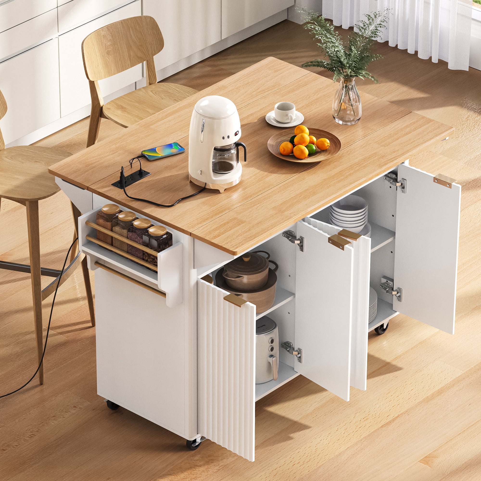 Euroco 55.5" Fluted Kitchen Island with 2 Drop Leaf, Kitchen Storage Cart with Power Outlet, 4 Doors, Spice rack, Rolling Island Table with Wood-grain Top, Curved Edge