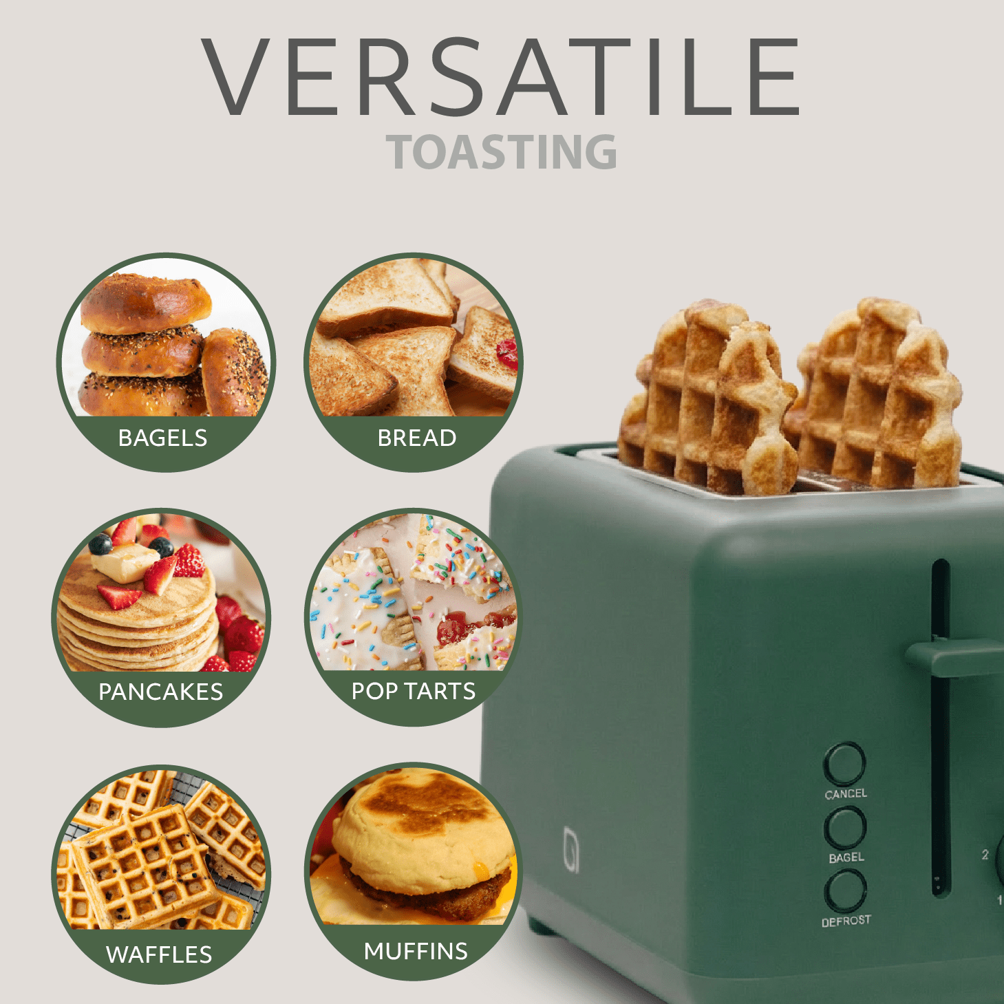 Willow Kitchen 2 Slice Toaster with Wide Slots for Bread, Bagels & English Muffins, Green – 6 Toast Shade Settings, Toast Boost, Defrost Function, Small Kitchen Appliance, 99% Recycled Plastic