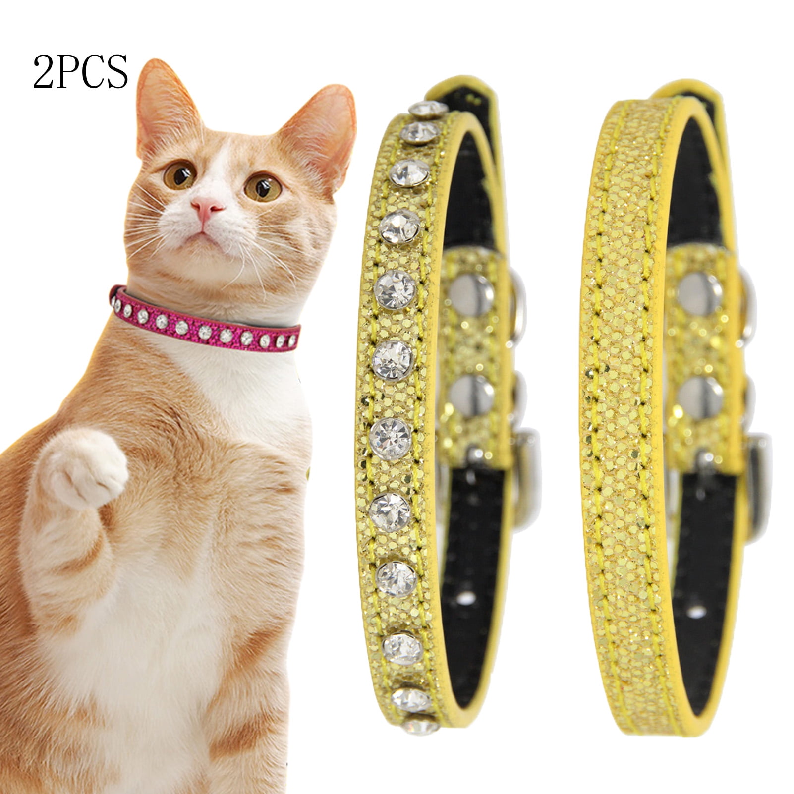 CHBORLESS 2 Pcs PU Leather Cat Collar Shiny Diamond Adjustable Kitten