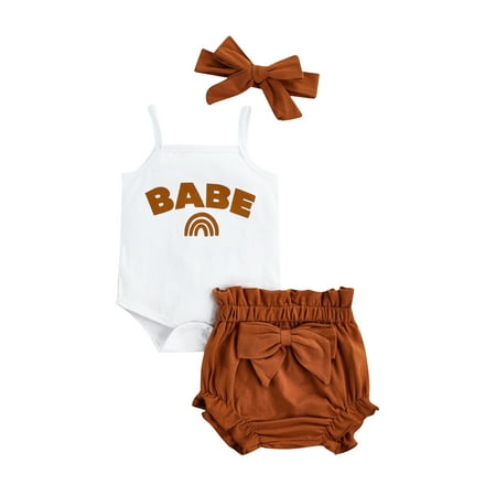 

Bagilaanoe Baby Girls 3PCS Outfits Sling Letter Snap Romper Tops Bow Shorts Bow Headband