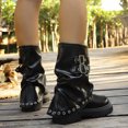 thumbnail image 5 of Willtoo Womens Retro Platform Mid-Calf Boots with Metal Buckles and Rivets Round Toe Slouchy Ruched Stacked Combat Boots, 5 of 6
