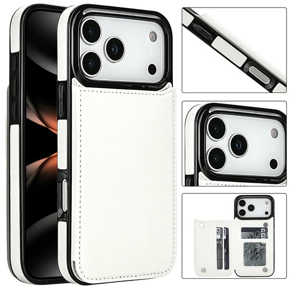 ShellTech for iPhone 17 Pro Slim PU Leather Wallet Case with Card Holder, PC TPU Hybrid Kickstand 4 Credit Card Slots Case, Double Magnetic Clasp and Durable Lightweight Shockproof,White