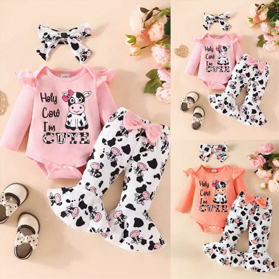 0-3 Months Newborn Baby Girl Clothes Infant Newborn Girl Cow Print Long Pant Set Clothes Boys And Girls Baby Romper Pajamas Crawling Clothes