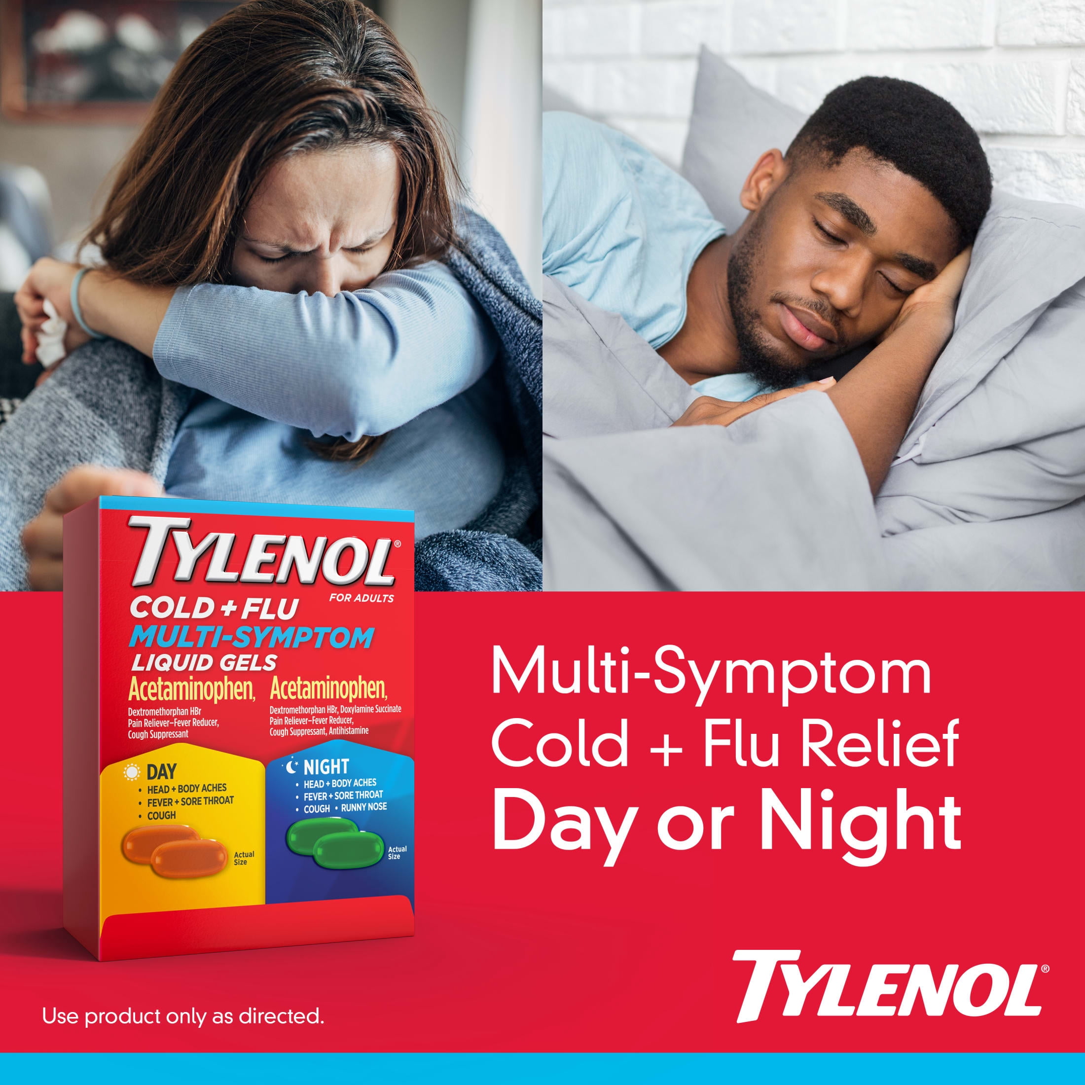 Tylenol Day & Night Cold & Flu Multi-Symptom Liquid Gels Pack, 24 Count