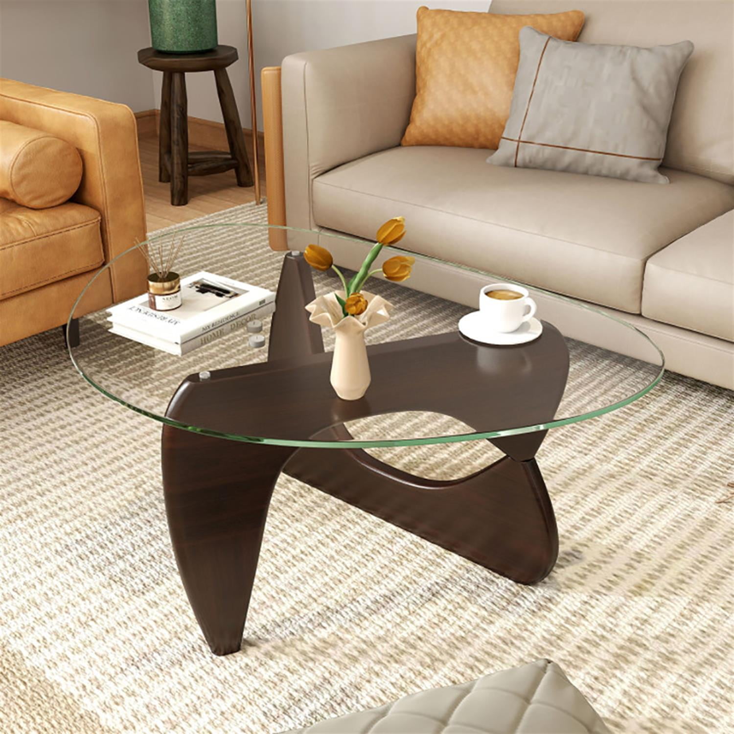 Demi Bonn Triangle Coffee Table, Dining Center Tables with Tempered Glass Top and Adjustable Rubber Wood Base for Living Room, Bedroom, Office and Balcony, Brown